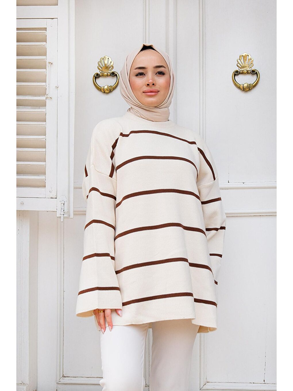 Basic Çizgili Tesettür Triko Kazak Kahverengi-3