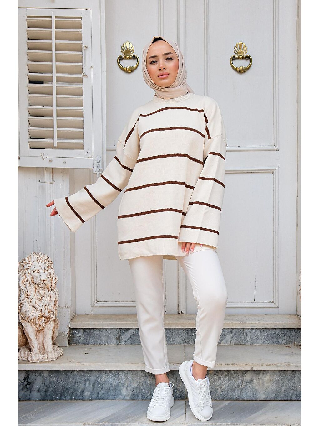 Basic Çizgili Tesettür Triko Kazak Kahverengi-4