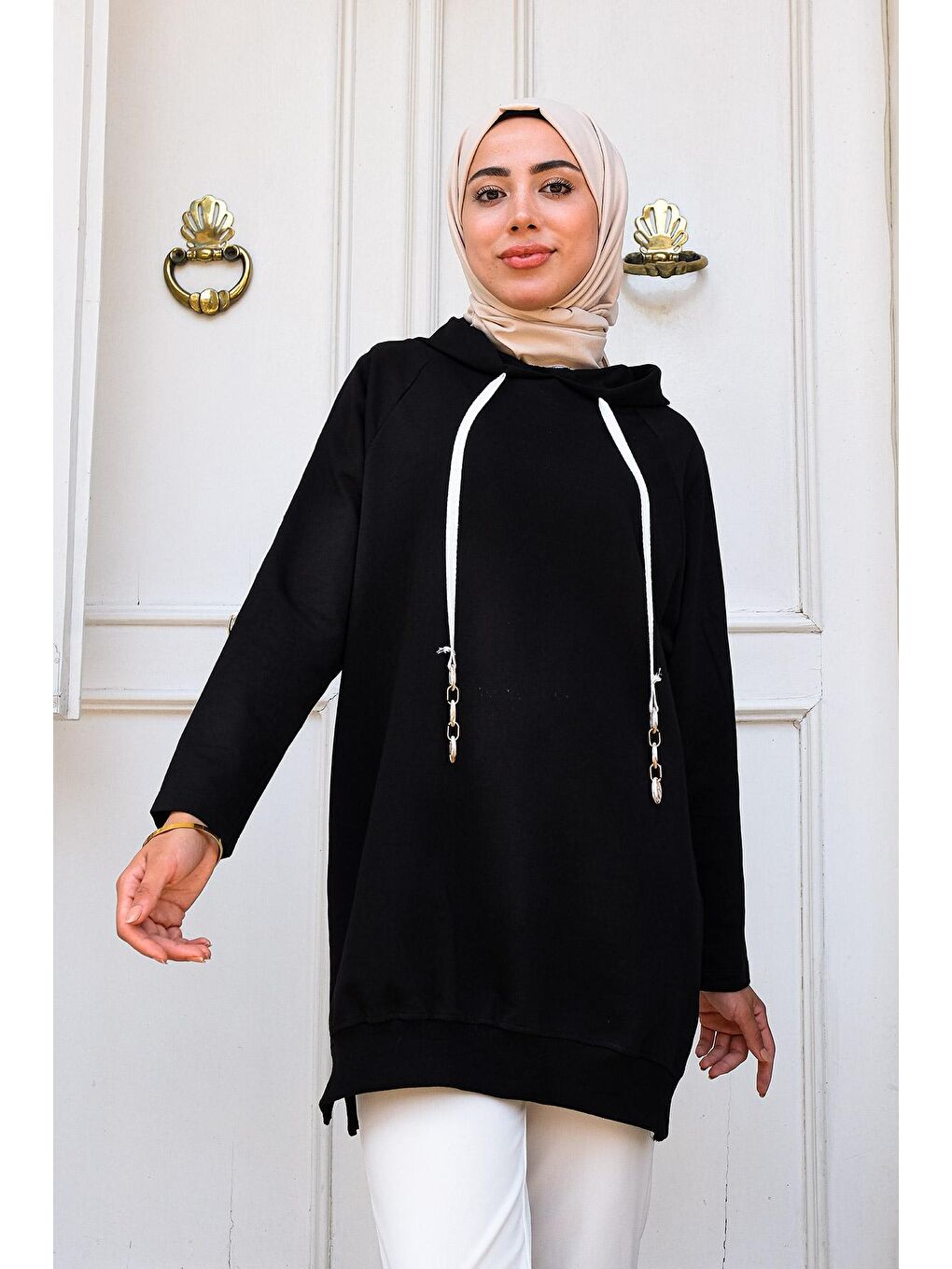 Kapüşonlu Kolları Şeritli Sweat Siyah