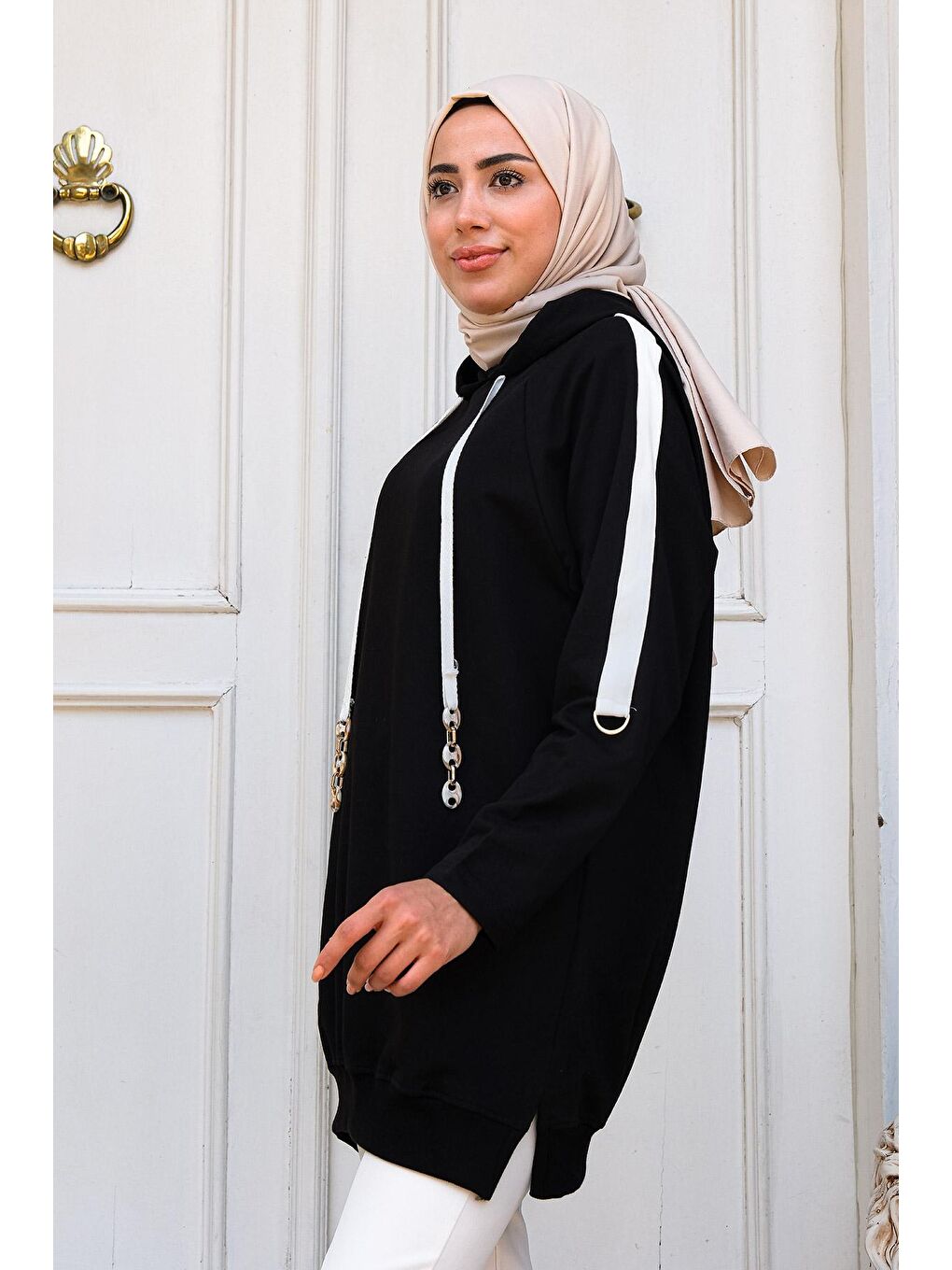 Kapüşonlu Kolları Şeritli Sweat Siyah-2