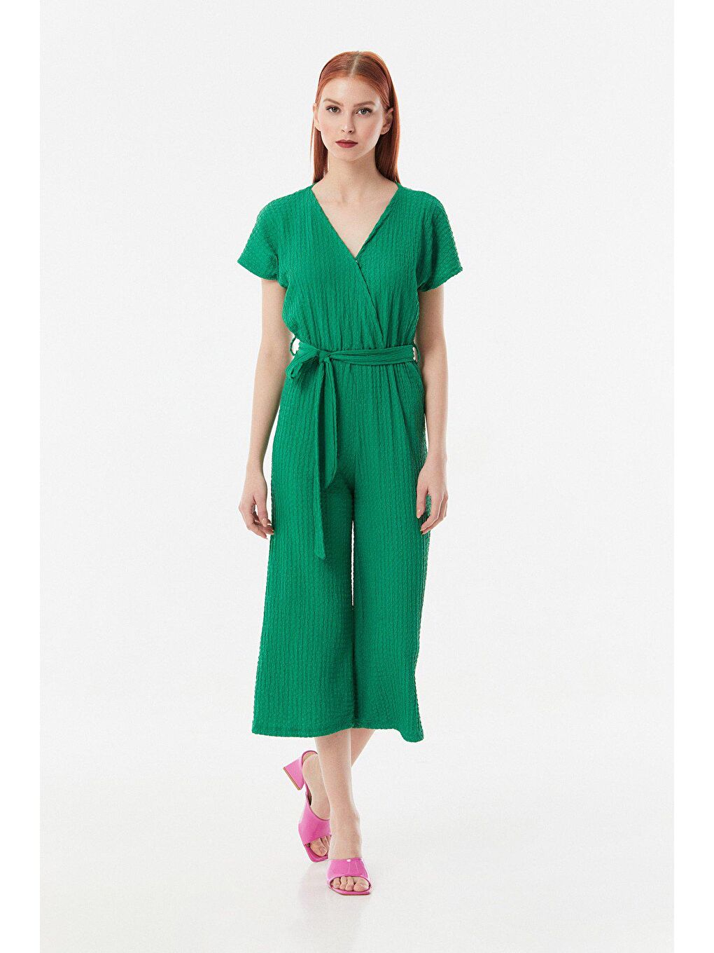 Yeşil Gofreli Kruvaze Yaka Kuşaklı Tulum