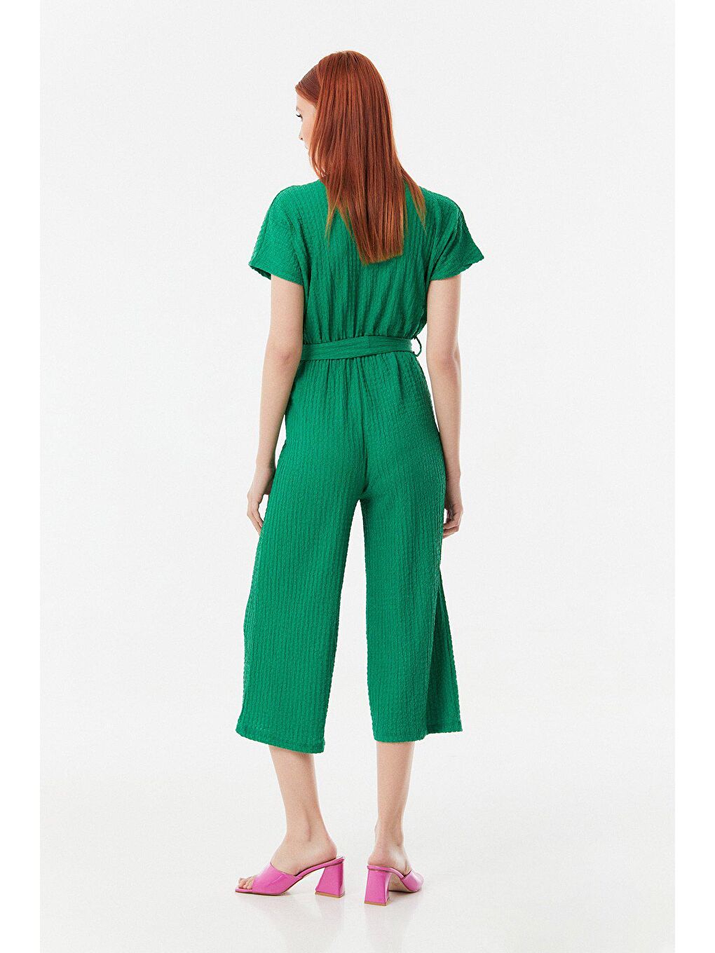 Yeşil Gofreli Kruvaze Yaka Kuşaklı Tulum-2