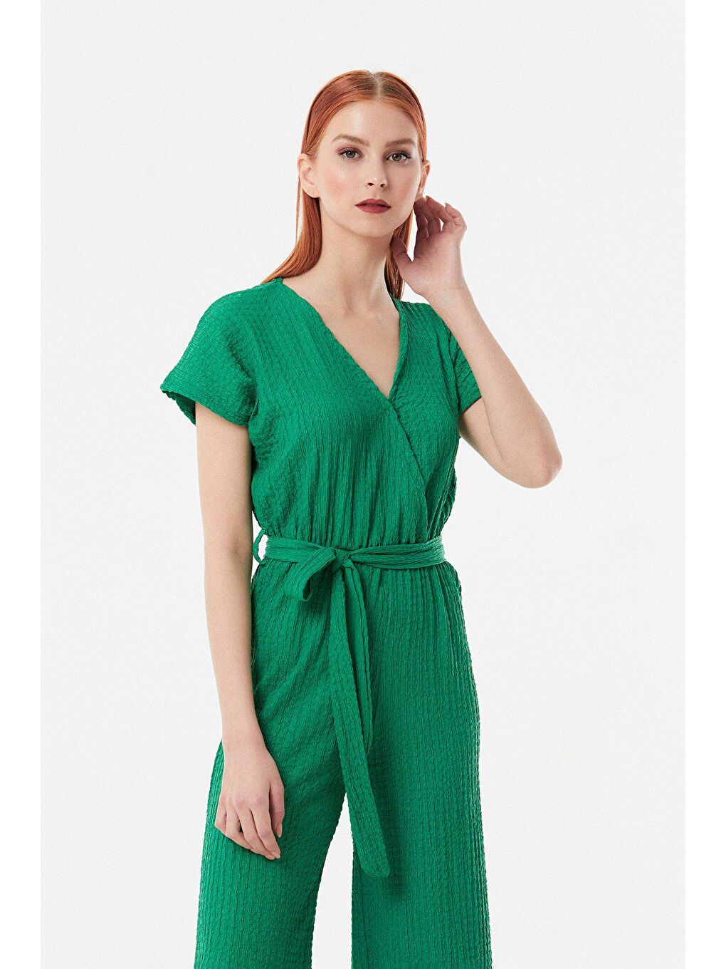 Yeşil Gofreli Kruvaze Yaka Kuşaklı Tulum-3