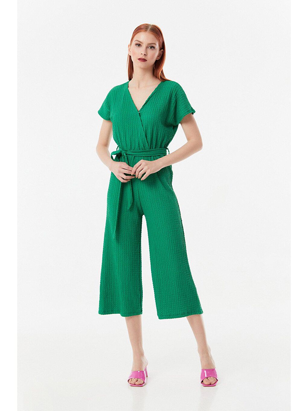 Yeşil Gofreli Kruvaze Yaka Kuşaklı Tulum-4