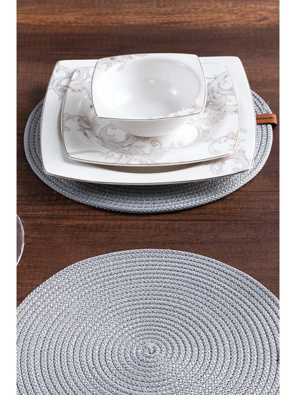 Gri 2 Adet Yuvarlak Supla | Amerikan Servis Runner | Tabak, Tava, Altlığı Sofra Sunumluk-3