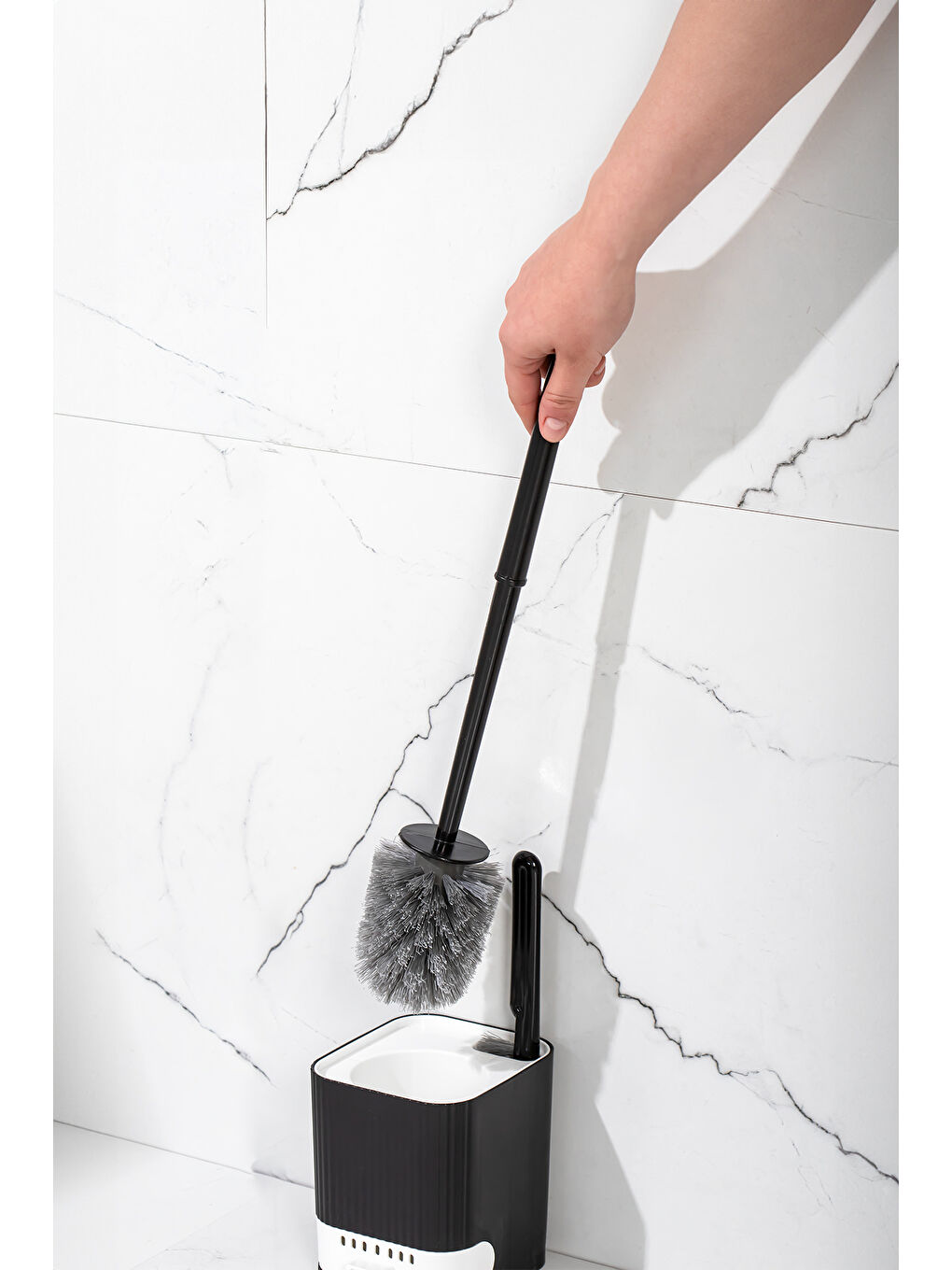 2038 Pratik Temizlik Tuvalet Fırçalığı Banyo Tuvalet Fırçası Wc Fırçası - Siyah Beyaz-4