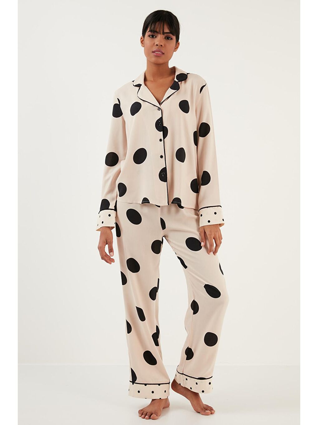 Bej Rahat Kesim Bol Paça Gömlek Yaka Pijama Takımı 6110498-4