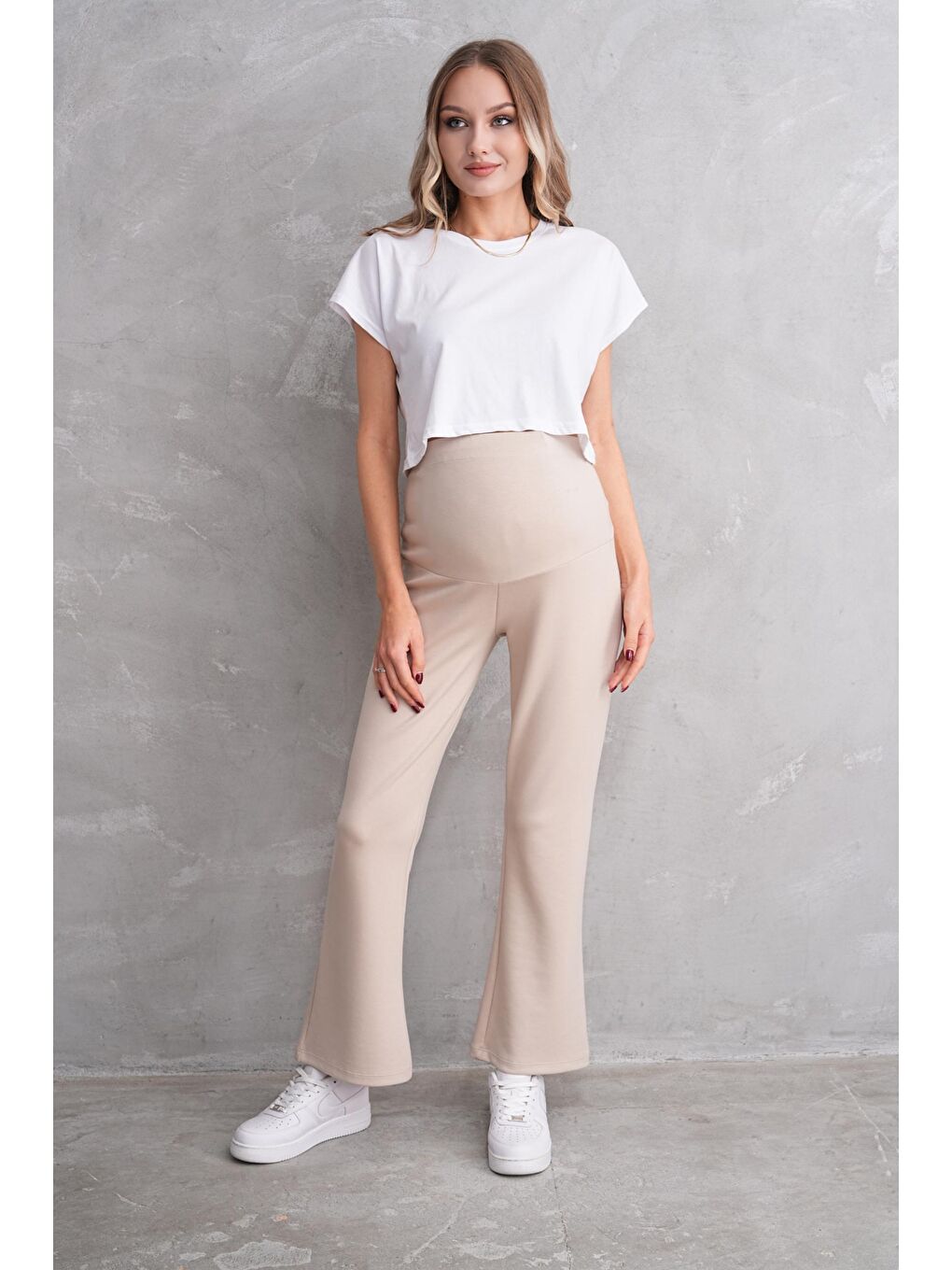 Bej Hamile ve Lohusa İspanyol Paça Bel Ayarlanabilir Modal Kumaş Eşofman Altı-1