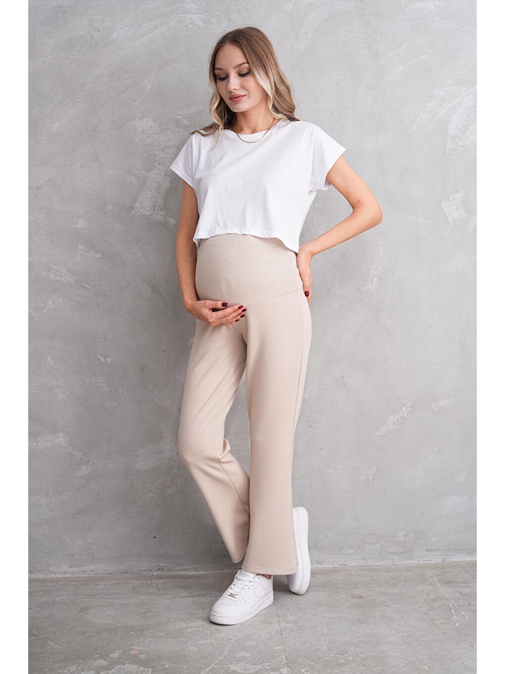 Bej Hamile ve Lohusa İspanyol Paça Bel Ayarlanabilir Modal Kumaş Eşofman Altı-3