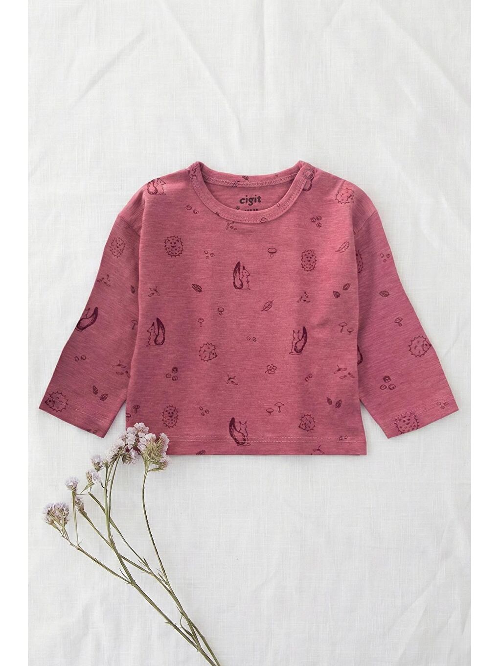 Uzun Kollu Desenli T-Shırt 0-3 Yaş Mürdüm