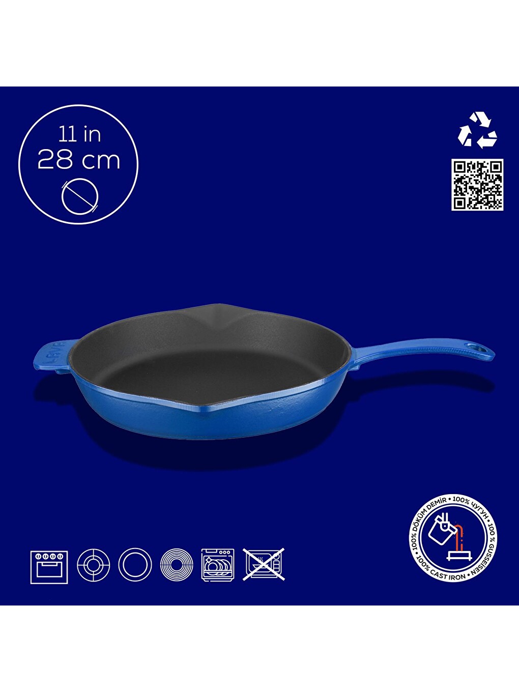 Mavi Yuvarlak Kızartma Tavası Döküm Demir Yekpare Saplı 28 Cm-3