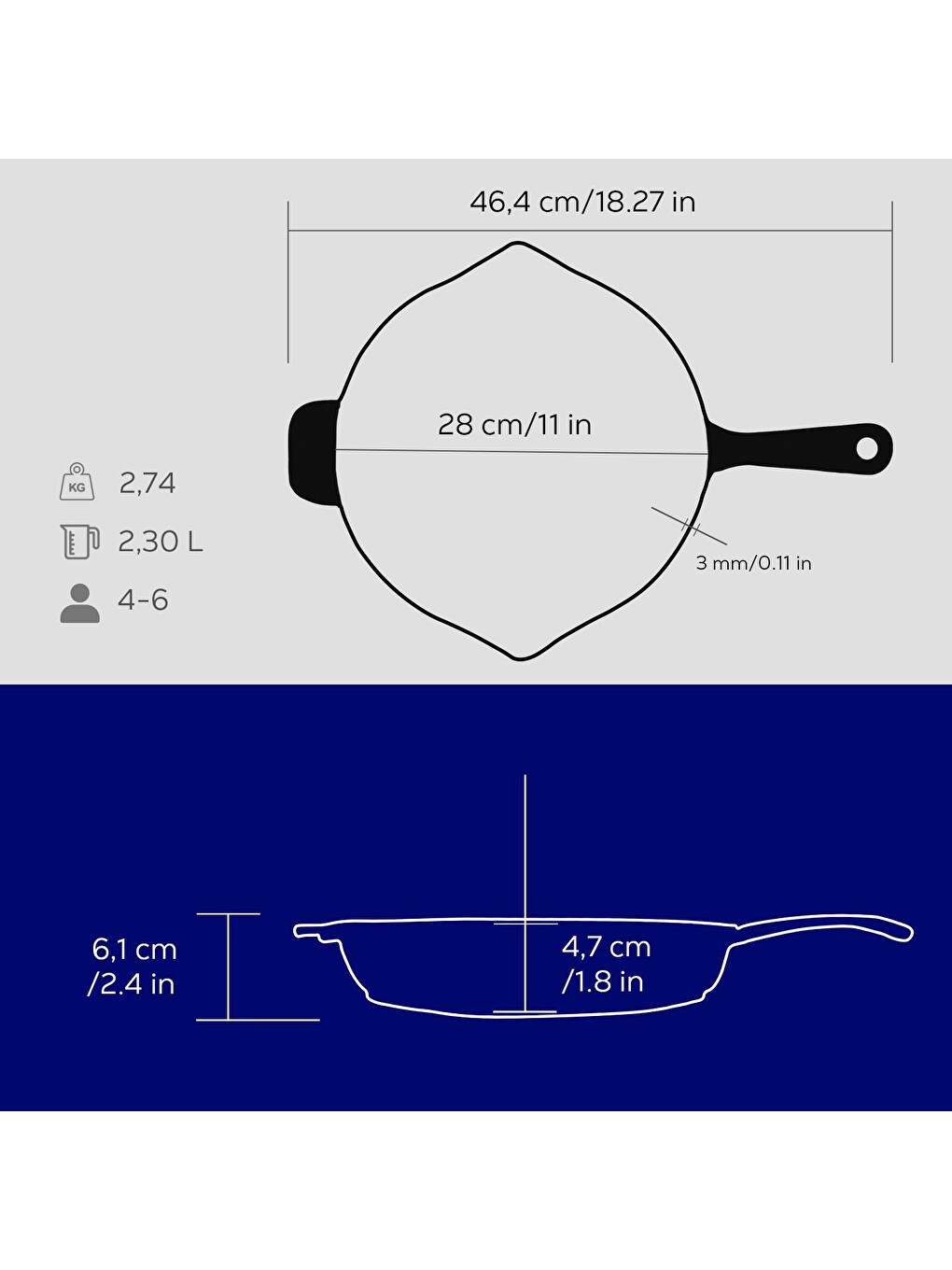 Mavi Yuvarlak Kızartma Tavası Döküm Demir Yekpare Saplı 28 Cm-4