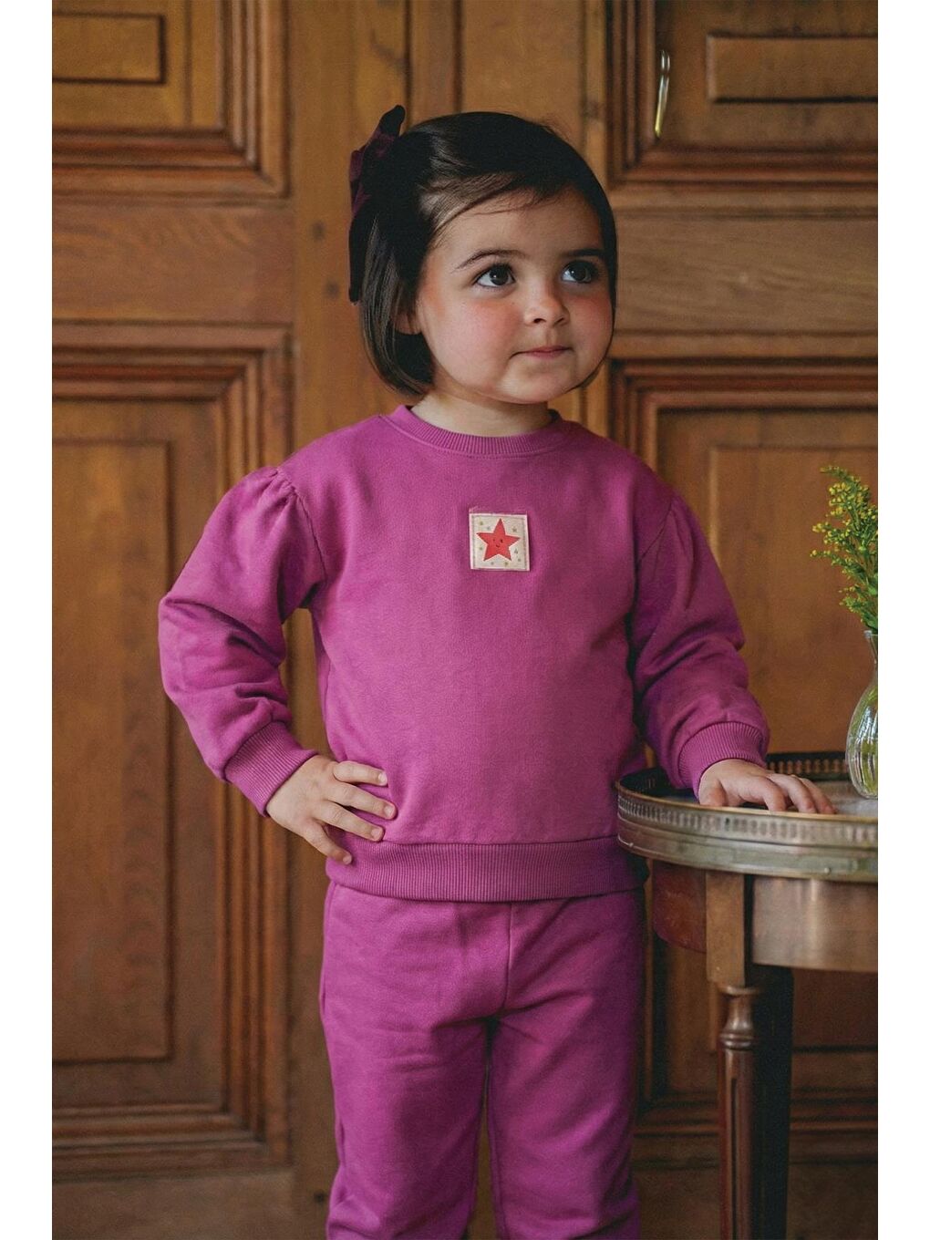 Etiket Detaylı Sweatshirt Takım 1-7 Yaş Fuşya