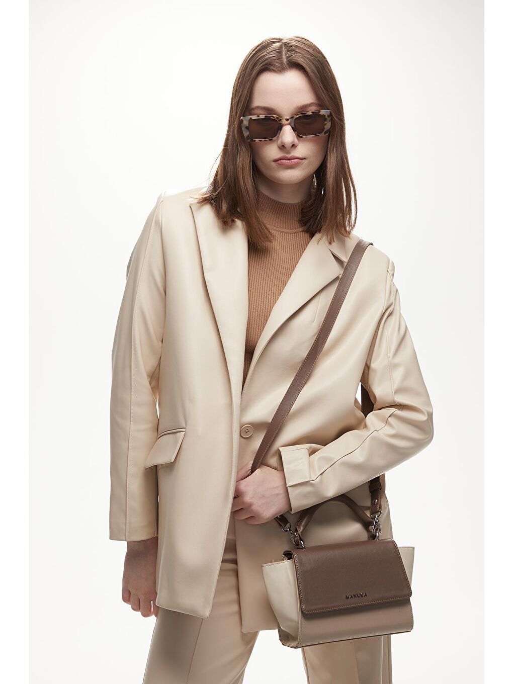 Bloklu Deri Kol Çantası Kahverengi