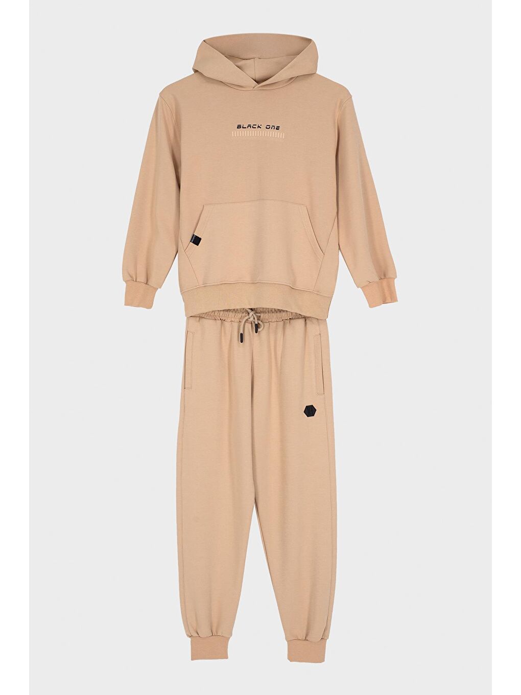 Bej Kapüşonlu Baskı Detaylı Erkek Çocuk Eşofman Takım