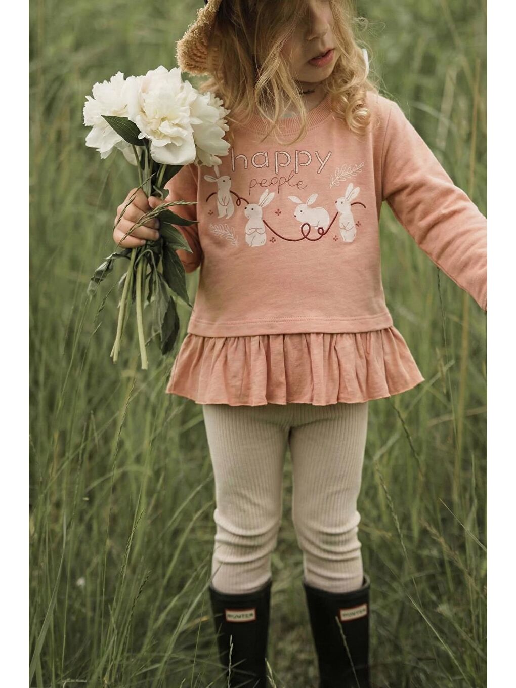 Turuncu Tavşan Baskılı Eteği Fırfırlı Taytlı Takım 1-6 Yaş Yavruağzı