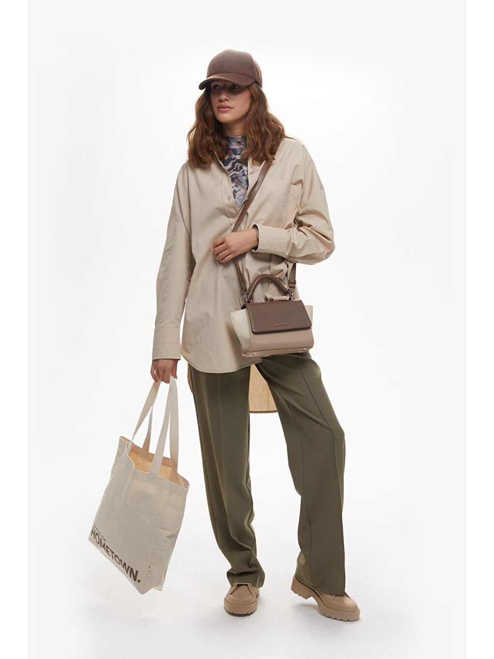 Bloklu Deri Kol Çantası Kahverengi-1