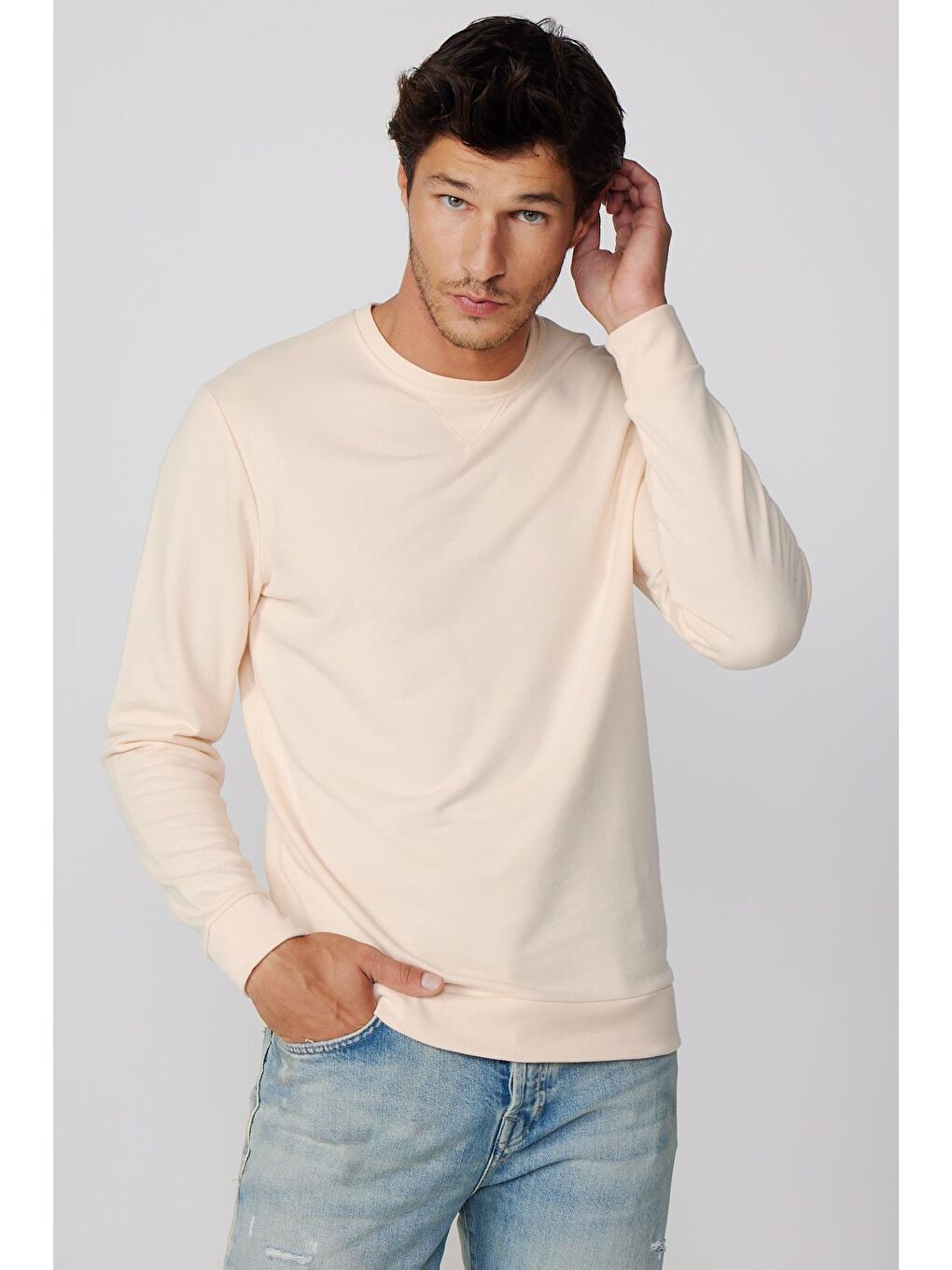 Unisex Relax Fit Rahat Kesim %100 Pamuk Basic Ekru Bisiklet Yaka Sweatshirt