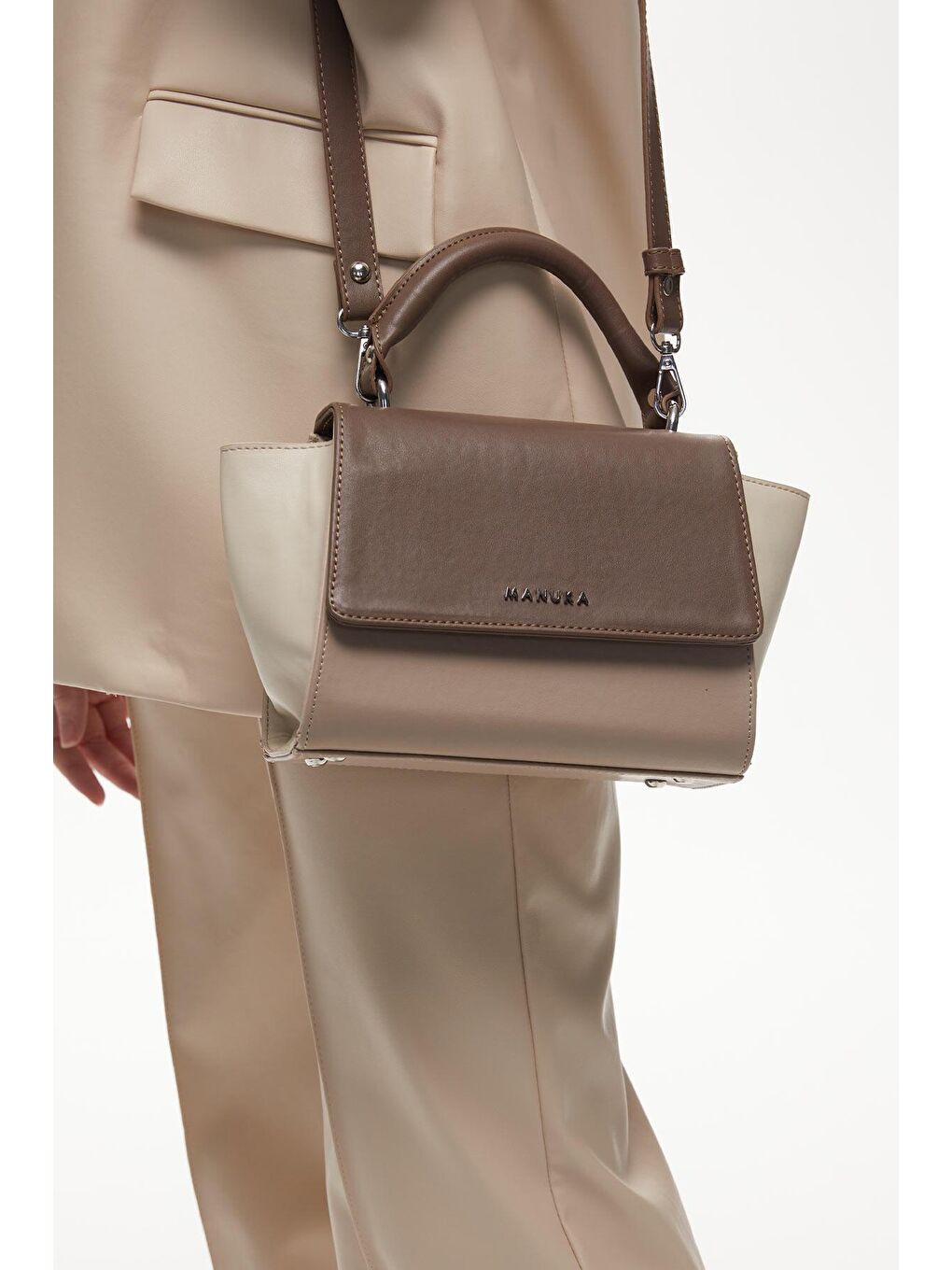 Bloklu Deri Kol Çantası Kahverengi-2