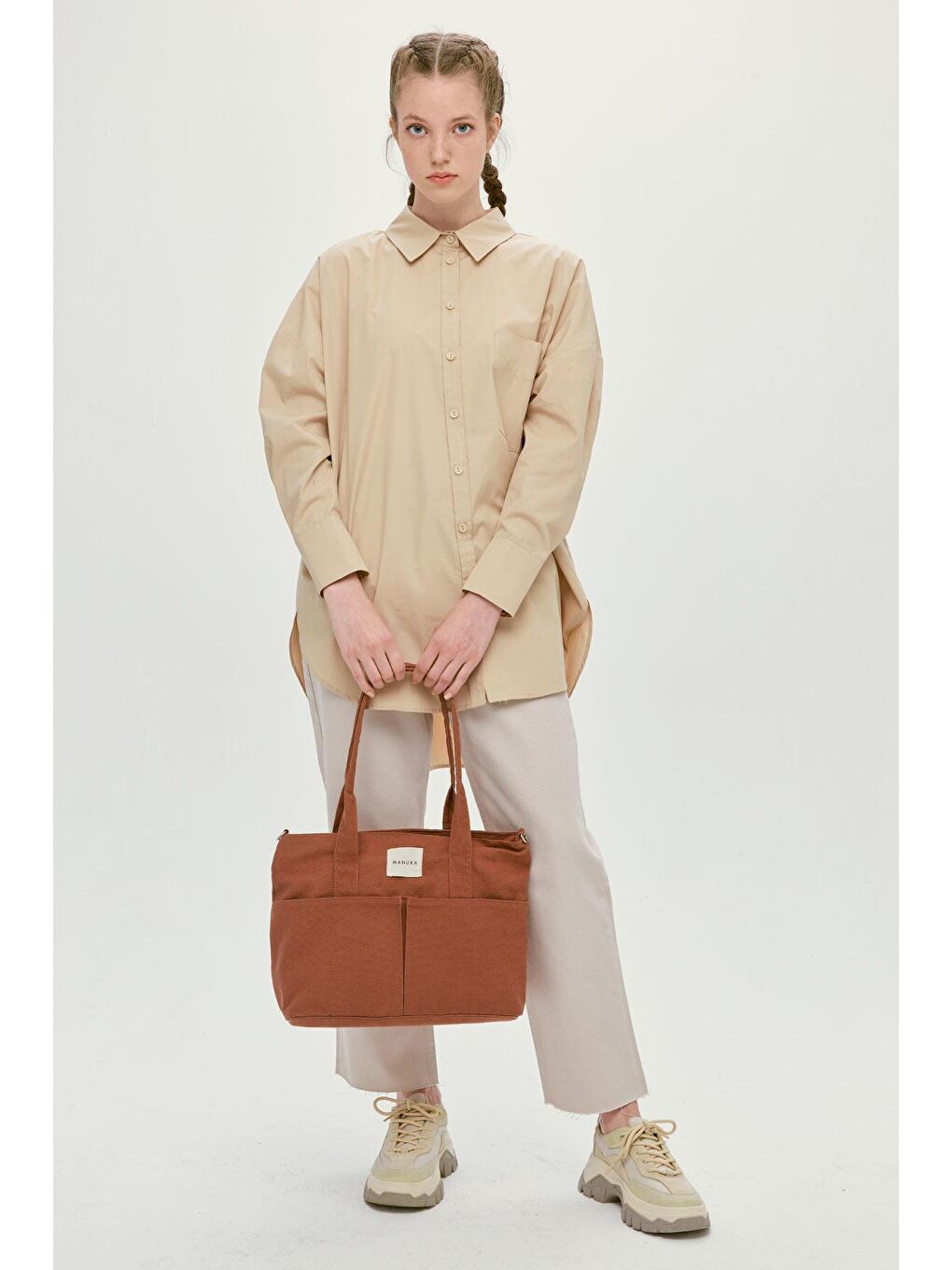 Kahverengi Çift Cepli Kanvas Çanta Kahve