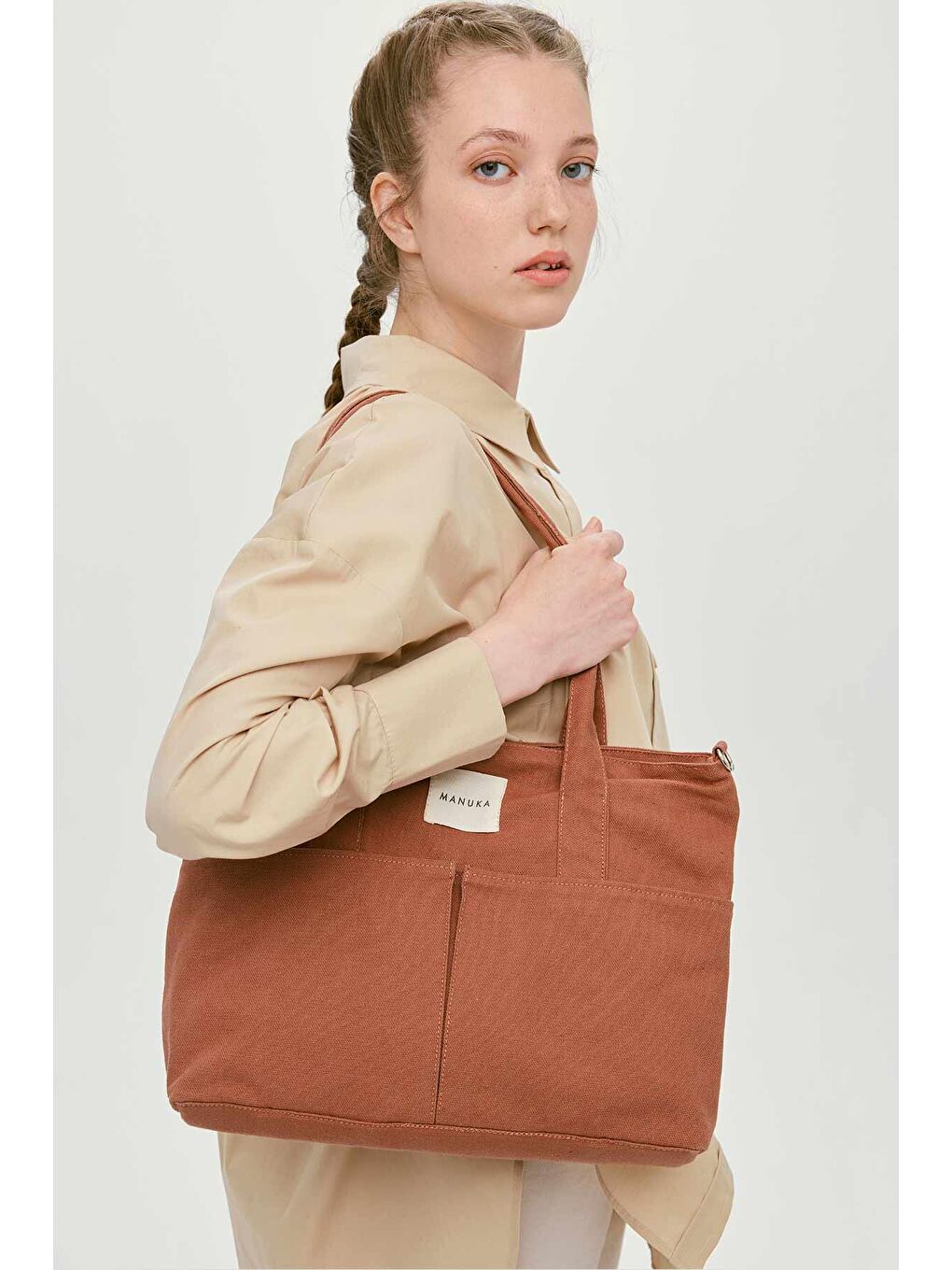 Kahverengi Çift Cepli Kanvas Çanta Kahve-1