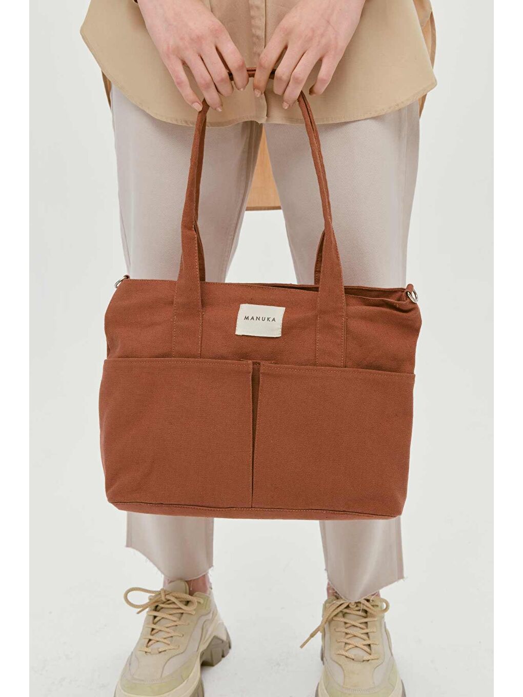 Kahverengi Çift Cepli Kanvas Çanta Kahve-2