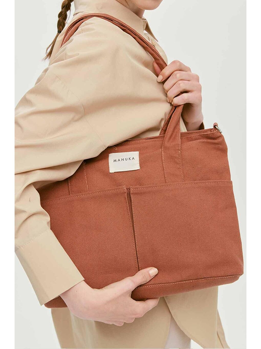 Kahverengi Çift Cepli Kanvas Çanta Kahve-3