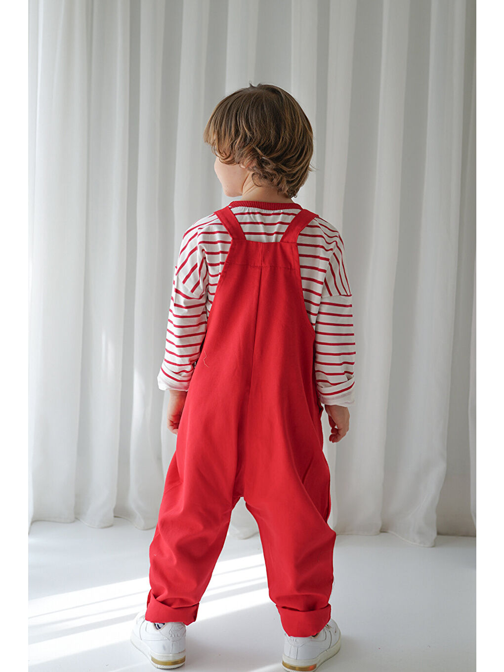Kırmızı Gabardin Askılı Tulum + Kırmızı Beyaz Çizgili Sweat-2