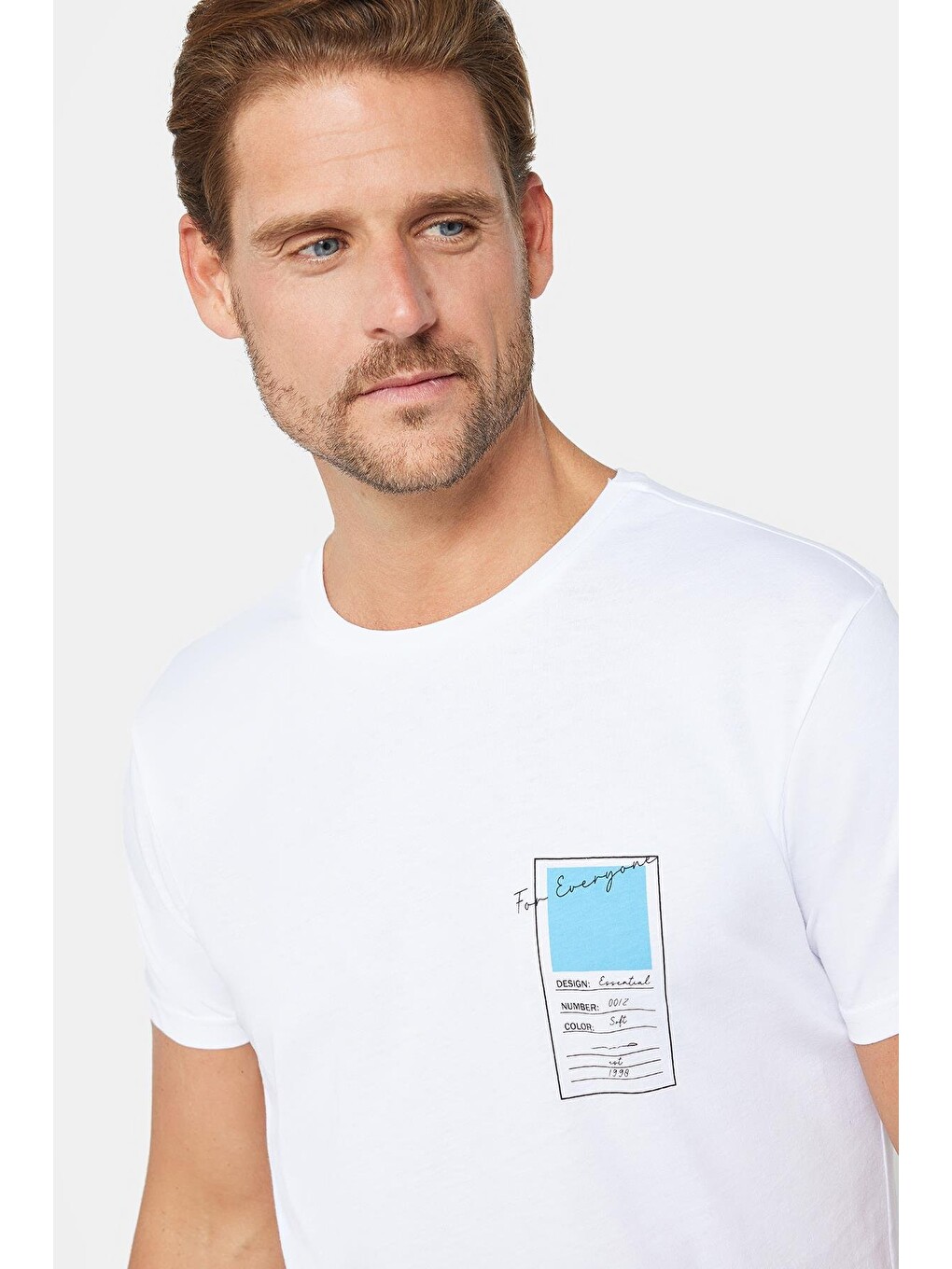 Erkek Slim Fit Dar Kesim %100 Pamuk Yumuşak Dokulu Baskılı Beyaz Bisiklet Yaka Tişört-2