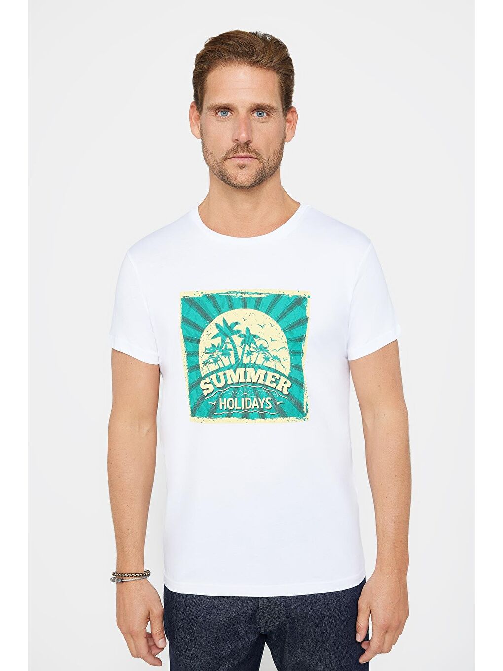 Erkek Slim Fit Dar Kesim %100 Pamuk Yumuşak Dokulu Baskılı Beyaz Bisiklet Yaka Tişört-1