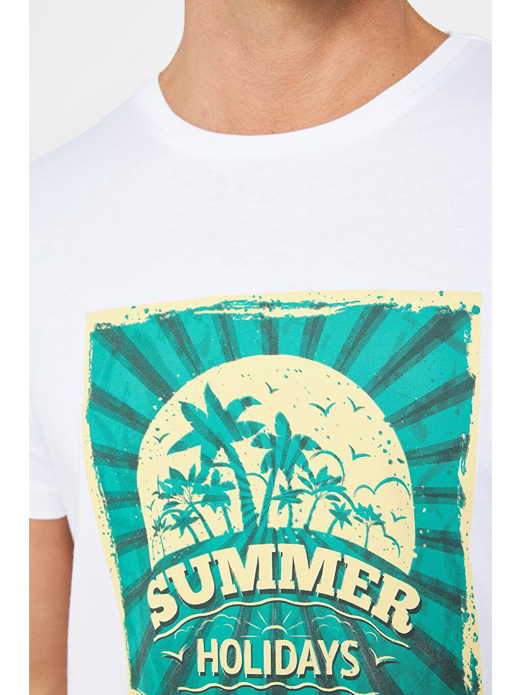 Erkek Slim Fit Dar Kesim %100 Pamuk Yumuşak Dokulu Baskılı Beyaz Bisiklet Yaka Tişört-3