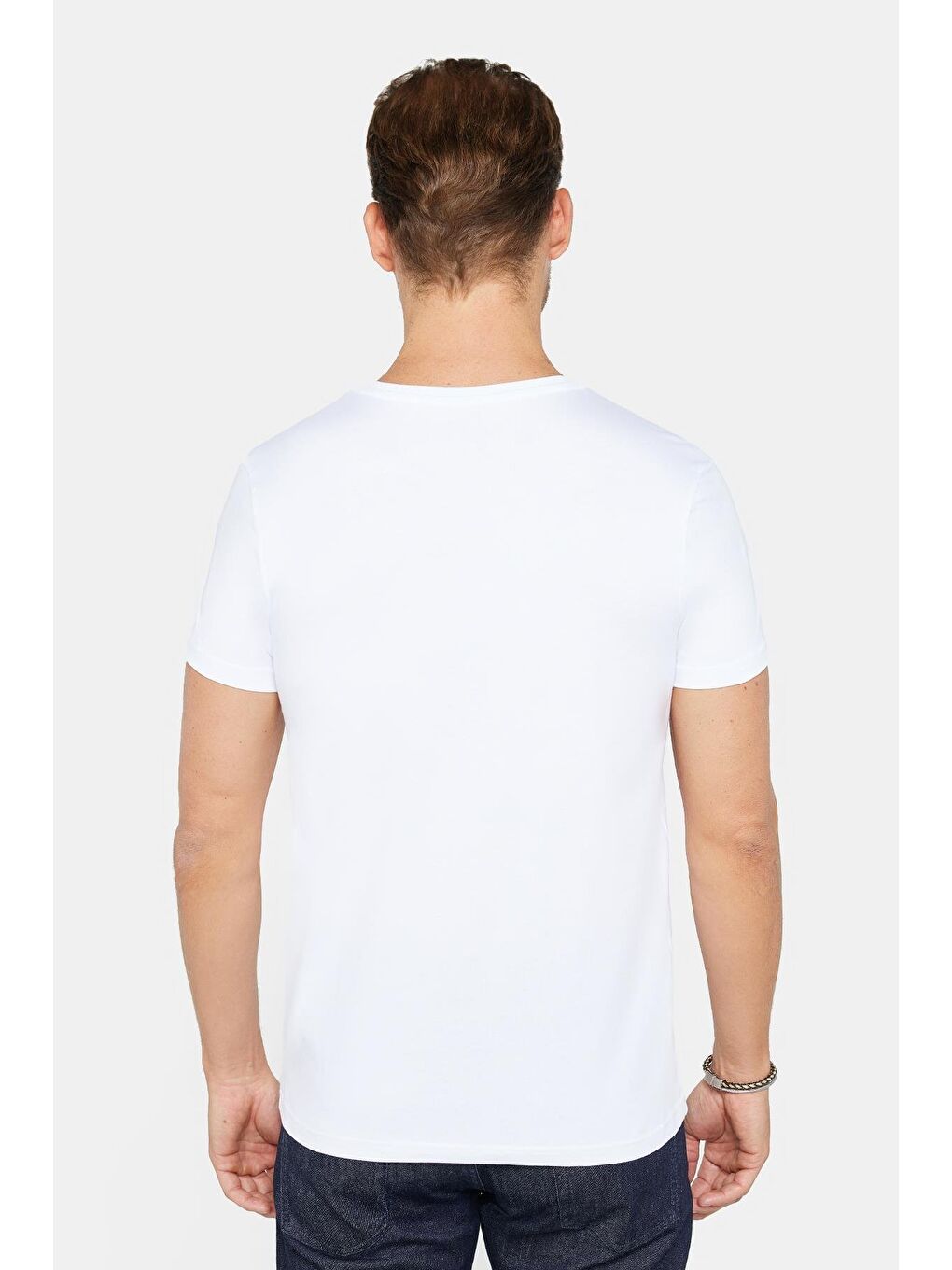 Erkek Slim Fit Dar Kesim %100 Pamuk Yumuşak Dokulu Baskılı Beyaz Bisiklet Yaka Tişört-4