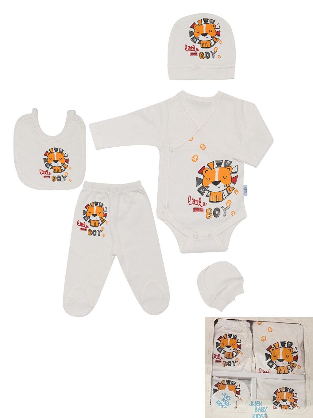 Beyaz Küçük Aslan Baskılı Yenidoğan 5'li Zıbın Pantolon Hastane Çıkışı Seti0001515