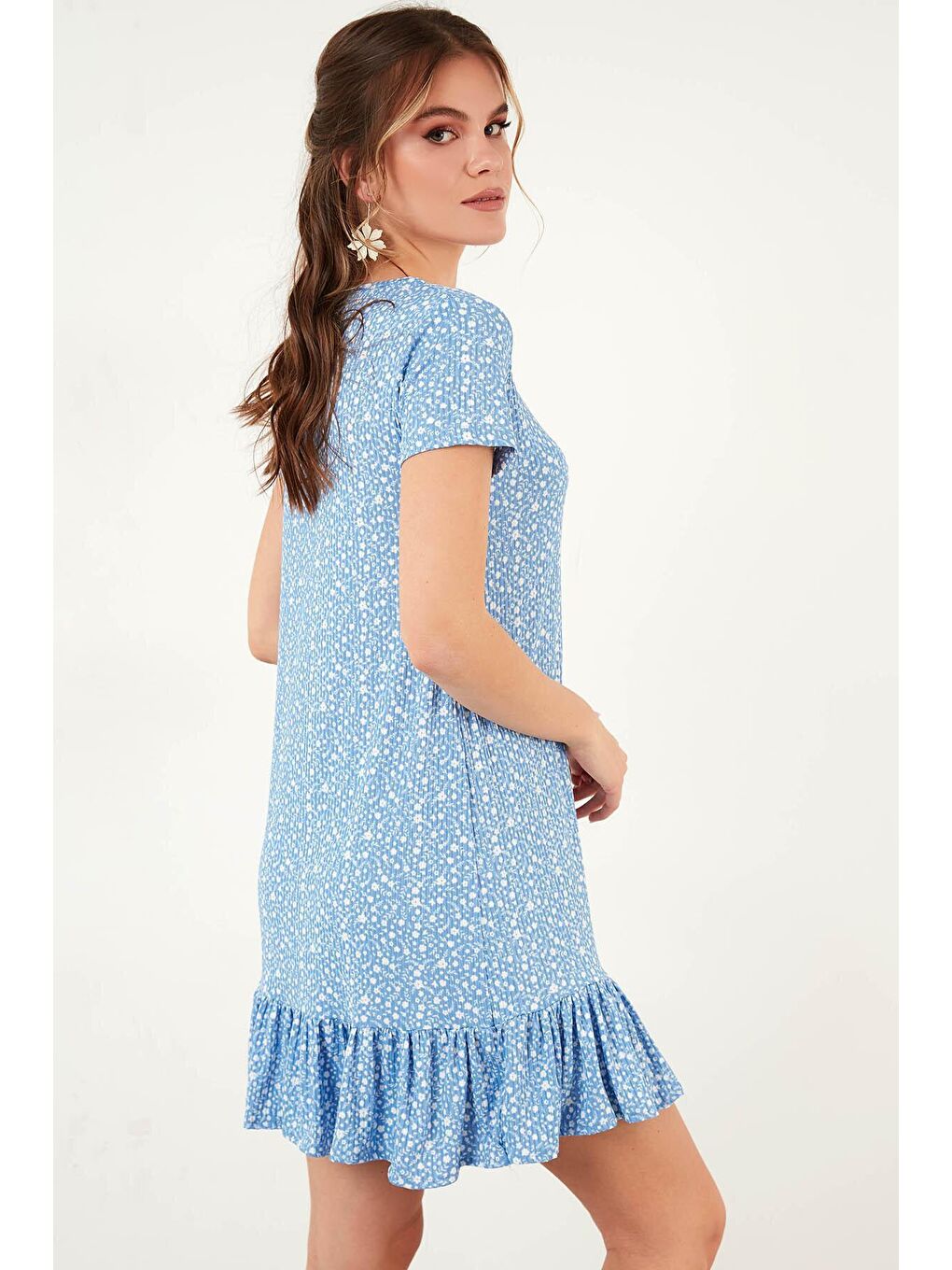 Mavi Çiçekli Yuvarlak Yaka Fırfır Detaylı Mini Elbise 5863677-4