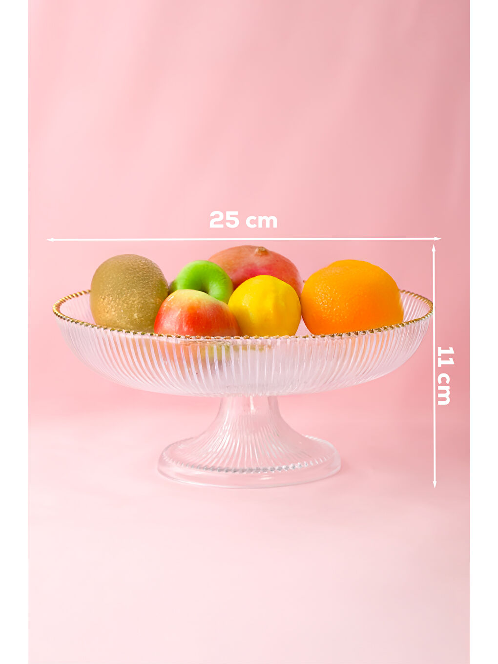 Renksiz 4304 Ayaklı Cam Gold Yaldızlı Meyvelik - Dekoratif Sunumluk 25 cm