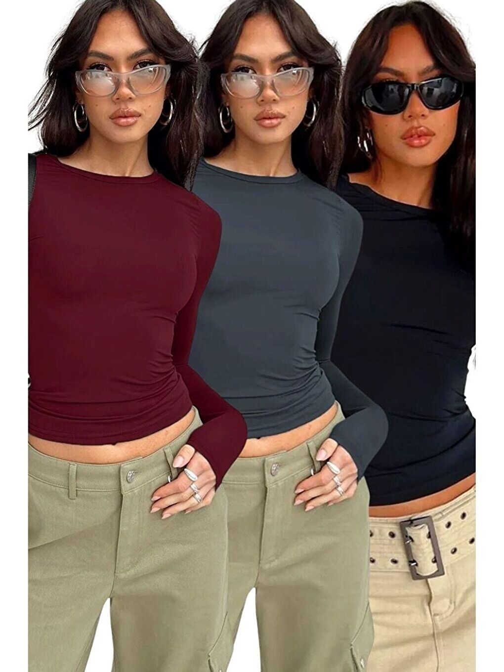 Bordo Siyah Füme Bisiklet Yaka Basic Uzun Kollu Body 3lü Set