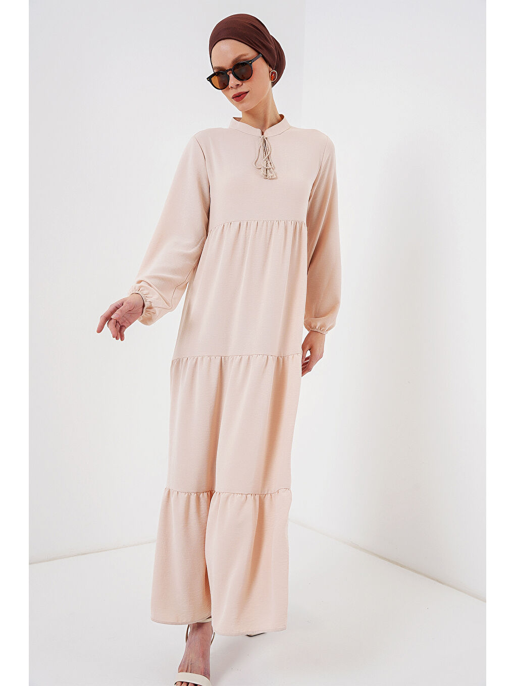 1627 Yaka Bağcıklı Tesettür Elbise - C. Bej-2