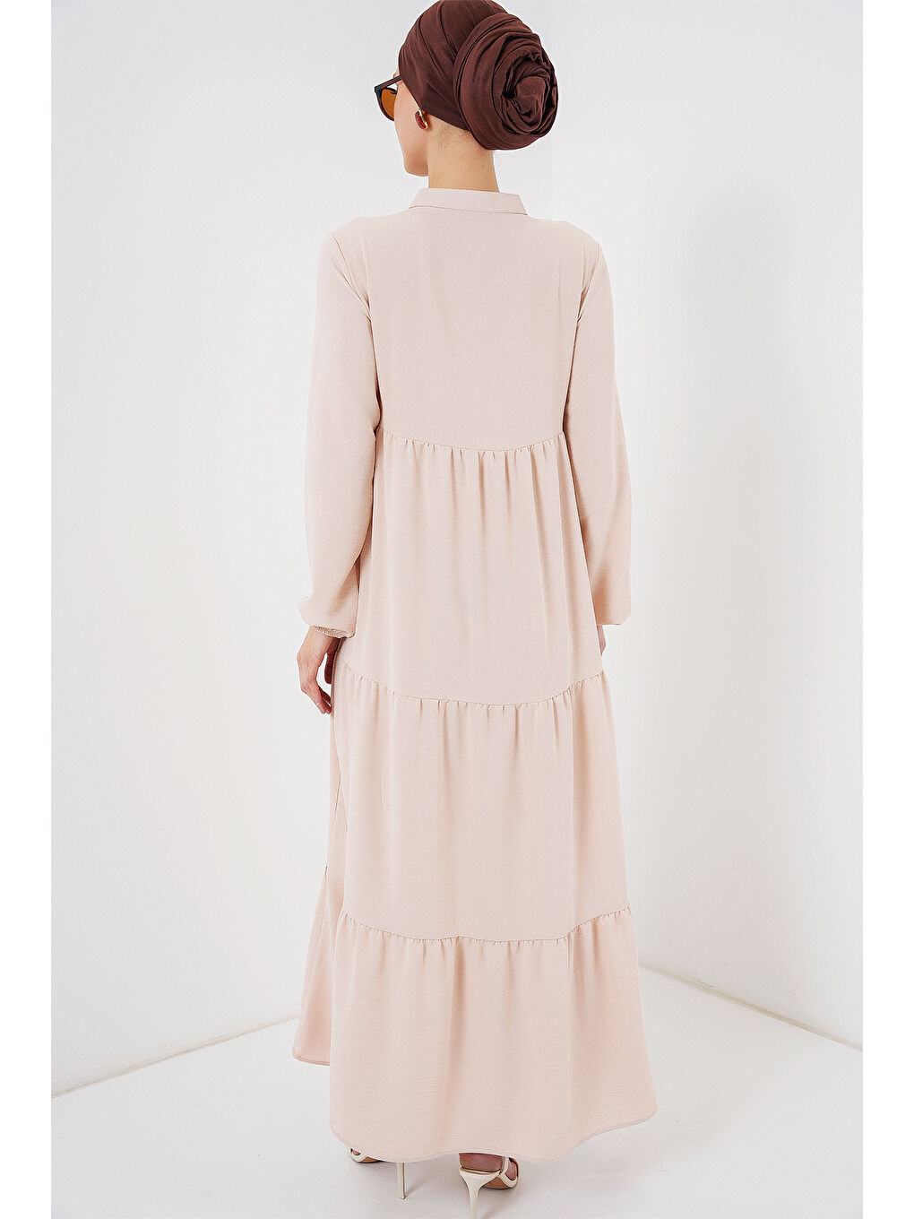 1627 Yaka Bağcıklı Tesettür Elbise - C. Bej-5