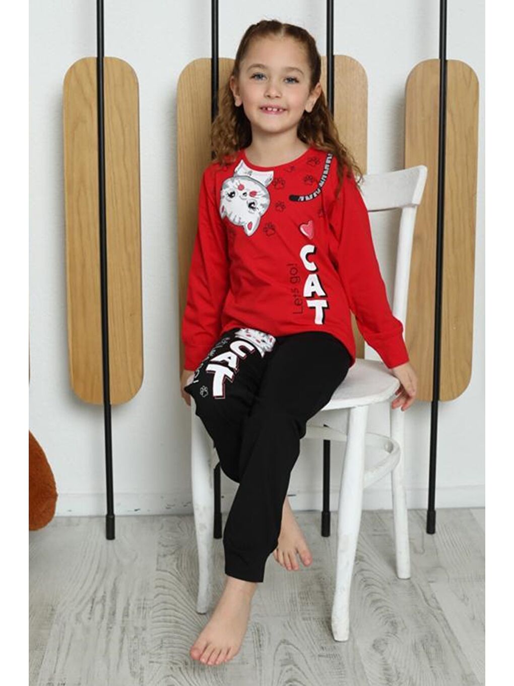 Kırmızı Kız Çocuk Kedi Baskılı Pijama Takımı Mnx 6053-54