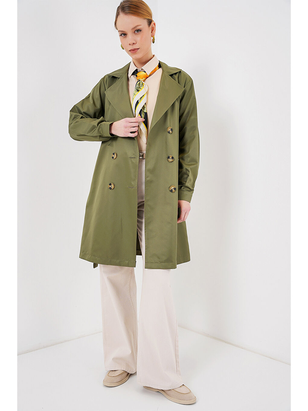 5864 Kruvaze Yaka Kısa Trençkot - Haki