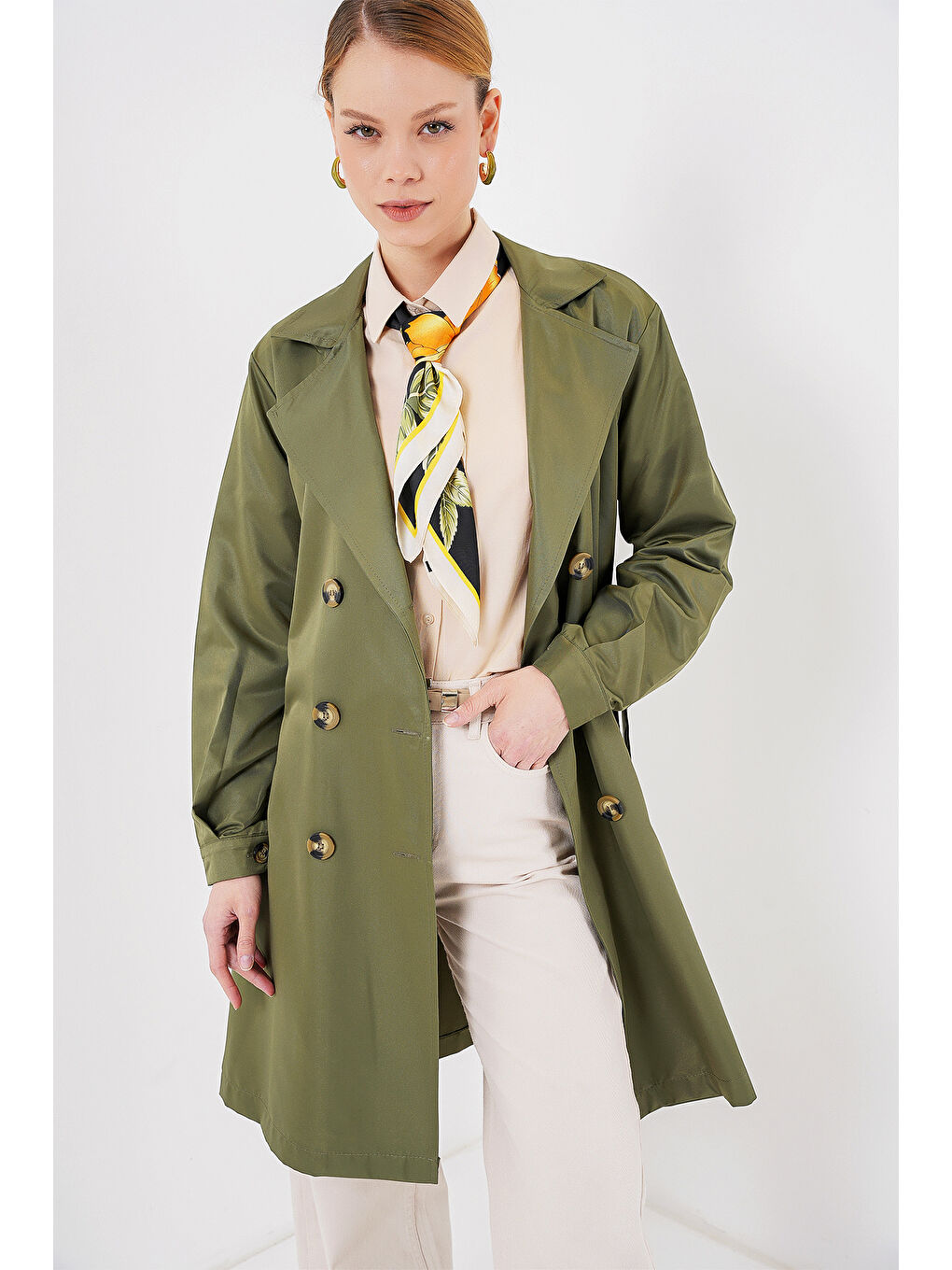 5864 Kruvaze Yaka Kısa Trençkot - Haki-1