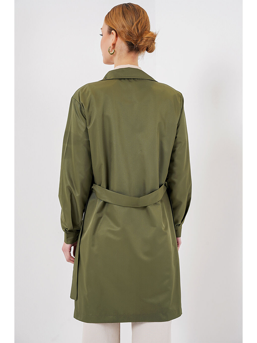 5864 Kruvaze Yaka Kısa Trençkot - Haki-2