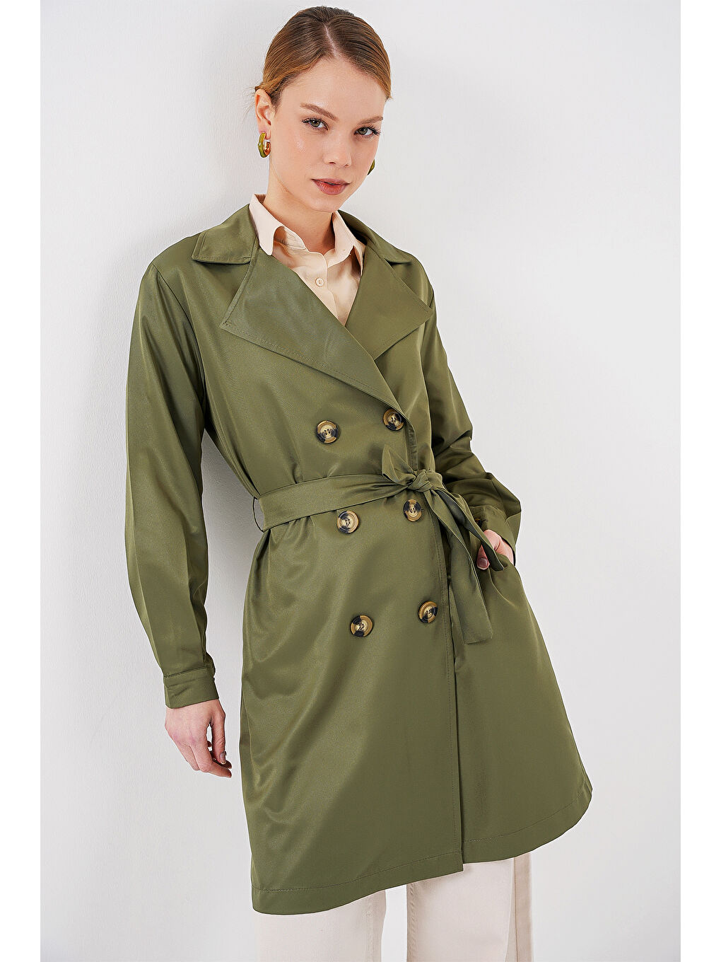 5864 Kruvaze Yaka Kısa Trençkot - Haki-3