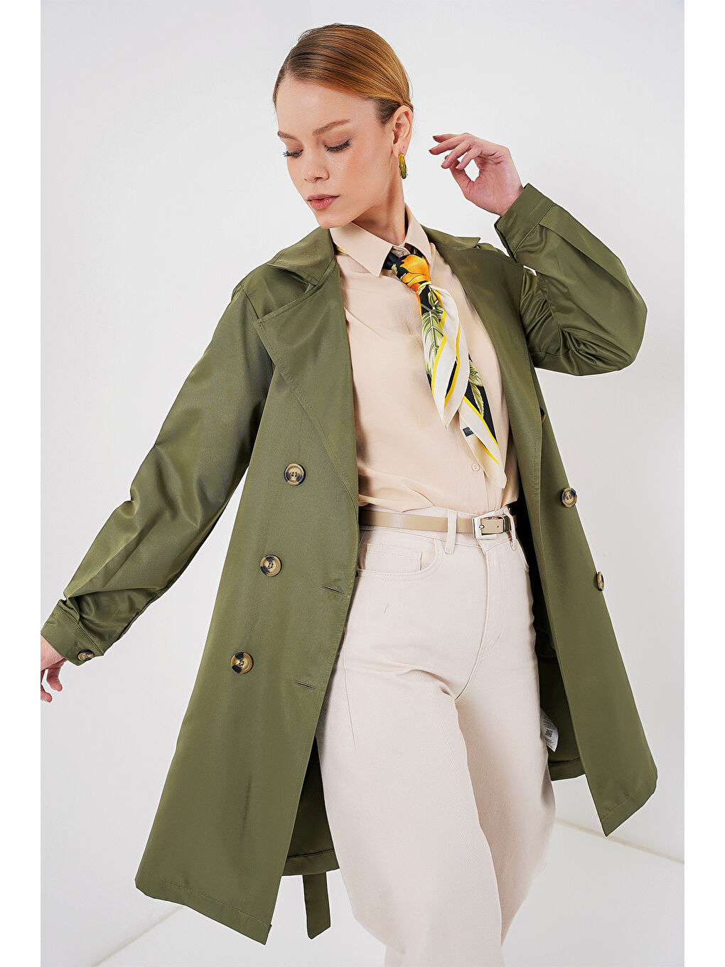 5864 Kruvaze Yaka Kısa Trençkot - Haki-4