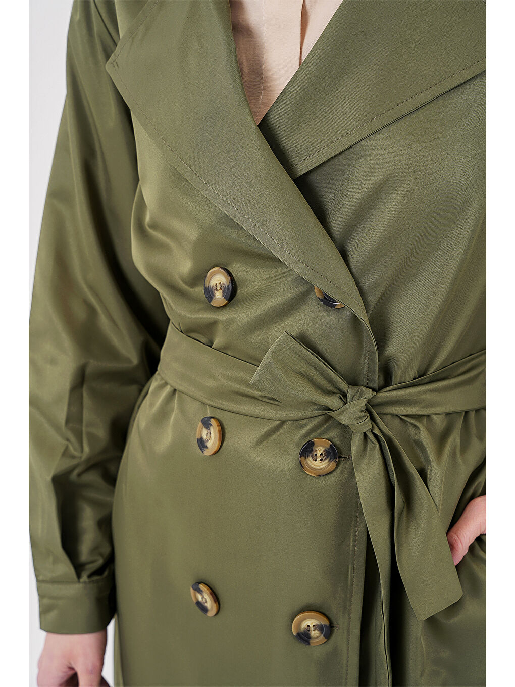 5864 Kruvaze Yaka Kısa Trençkot - Haki-5