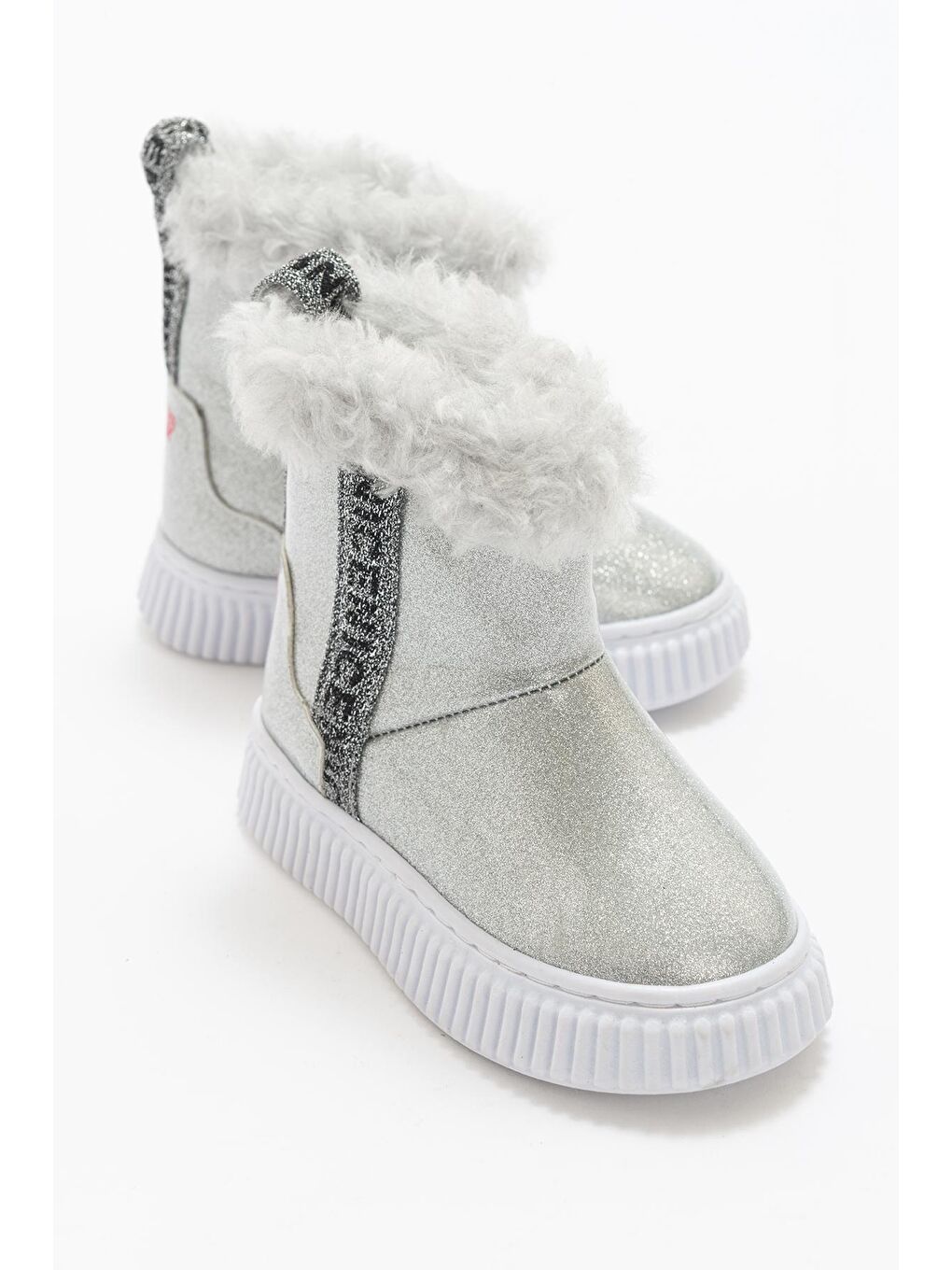 Gri Kız Çocuk Gümüş Simli Suni Deri Kürklü Anatomik Kar Botu