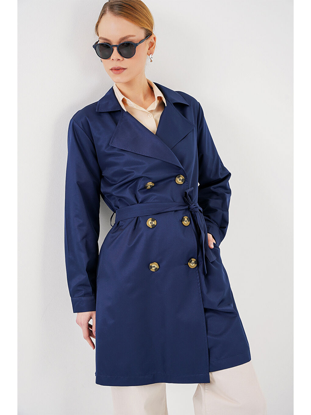 5864 Kruvaze Yaka Kısa Trençkot - Lacivert-2