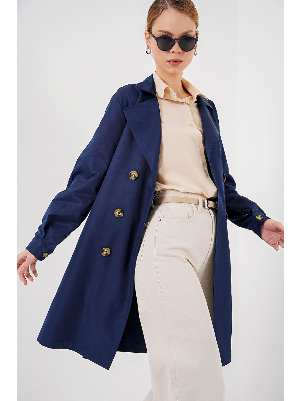 5864 Kruvaze Yaka Kısa Trençkot - Lacivert-3