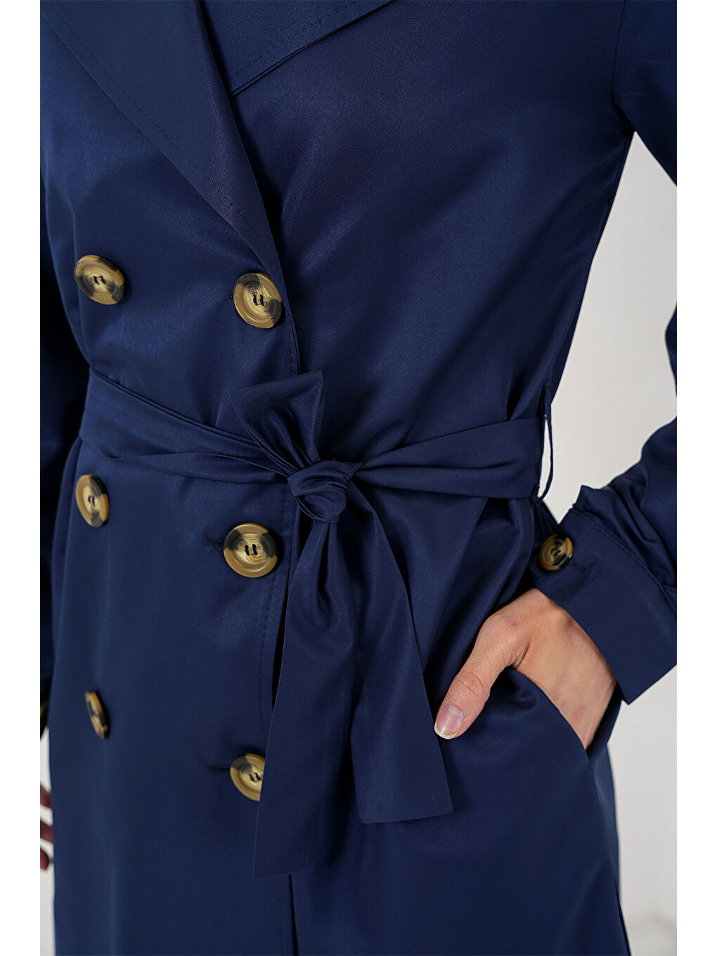 5864 Kruvaze Yaka Kısa Trençkot - Lacivert-4