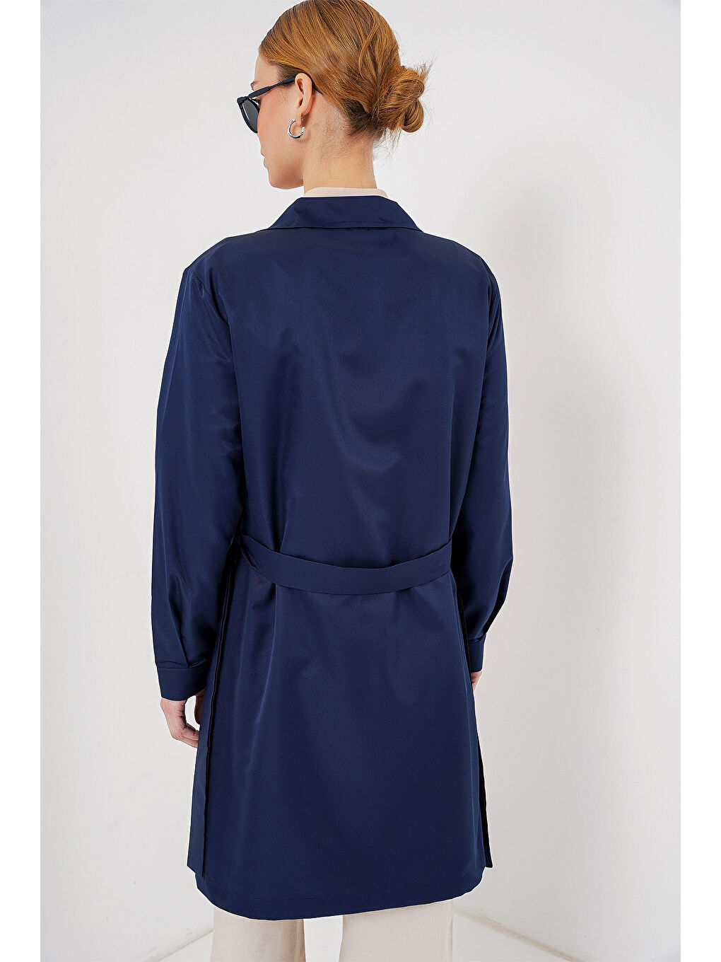 5864 Kruvaze Yaka Kısa Trençkot - Lacivert-5